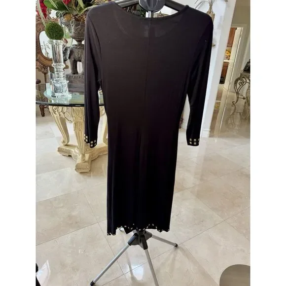Catherine Malandrino Black Sheath Dress LBD Ruching | Gold Embellishmets Size M - Picture 2 of 14